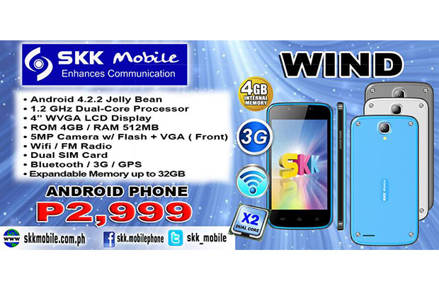 SKK Mobile Wind is a Full Featured 4 Inch Jelly Bean Smartphone for Php2,999